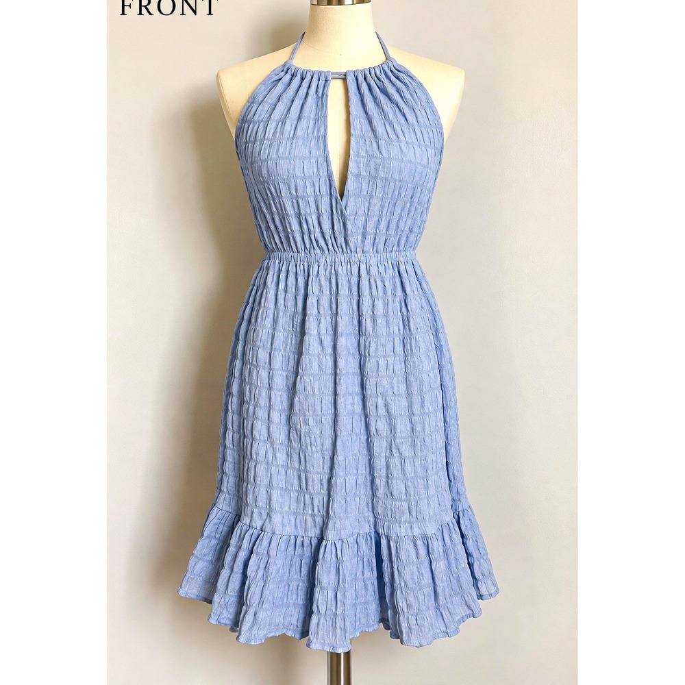 Lulus Blue Seersucker Halter Smocked Lined Ruffle Hem Tie Back Dress L